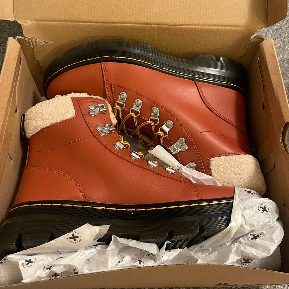 Dr. Martens Leather Combat Boots with Black Soles and faux fur 8 women’s